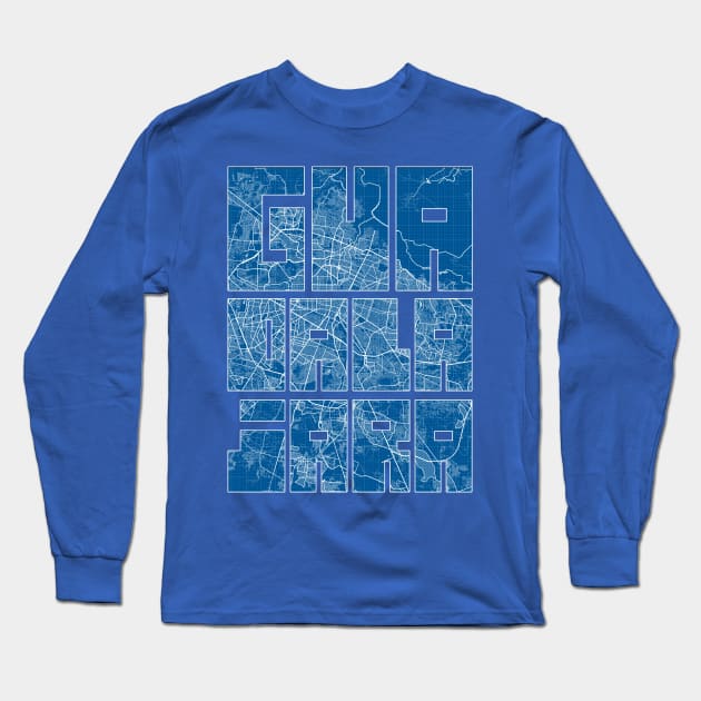 Guadalajara, Mexico Map Typography - Blueprint Long Sleeve T-Shirt by deMAP Studio